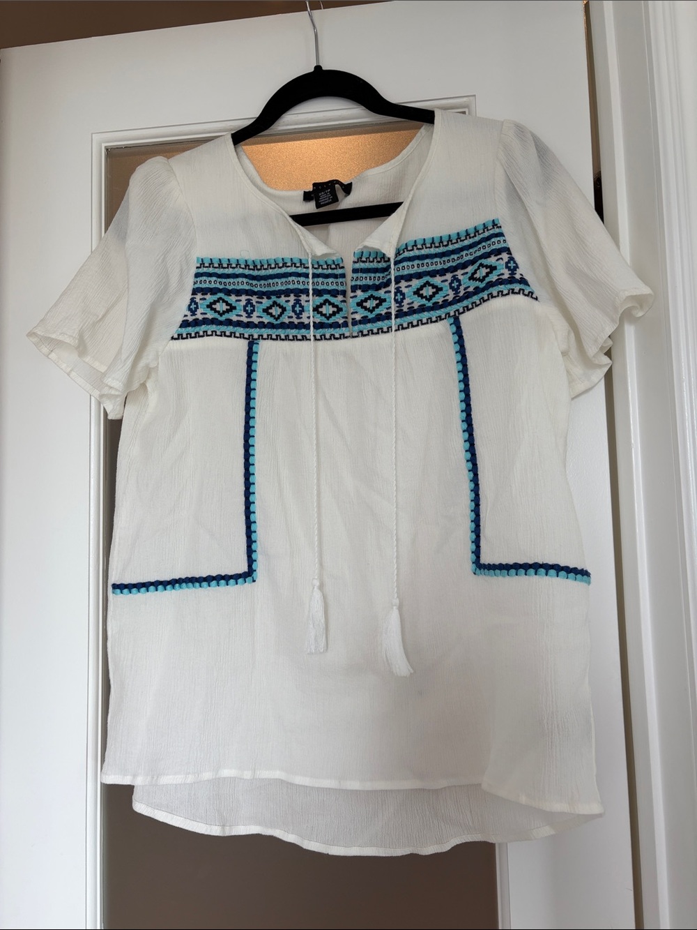 Sanctuary White Peasant Tunic with Turquoise & Navy Embroidery